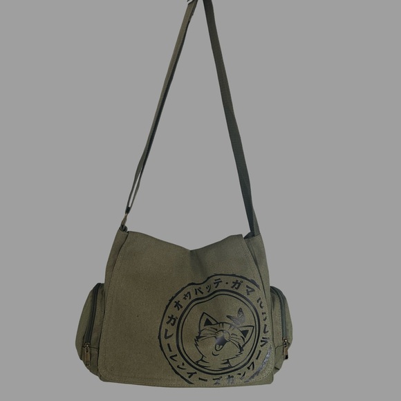 Women’s Vintage Inspired Army Green Canvas Cat Print Messenger Bag - Picture 8 of 12